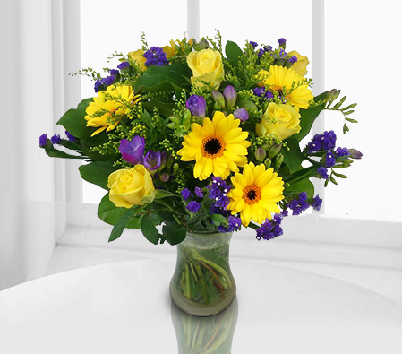 Herald-Mixed,Purple,Yellow,Rose,Gerbera,Arrangement