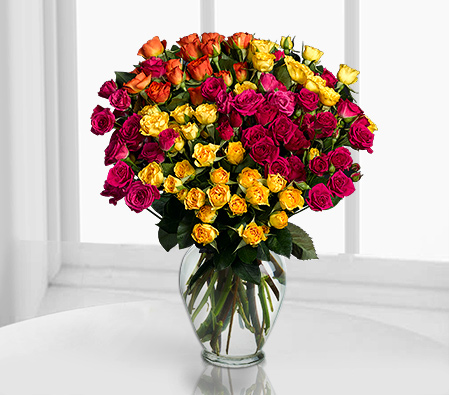 Rainbow 18 Long Stem Roses-Pink,Red,Mixed,Yellow,Orange,Rose,Arrangement