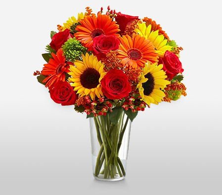 Golden Breeze-Mixed,Orange,Red,Yellow,Gerbera,Rose,SunFlower,Bouquet