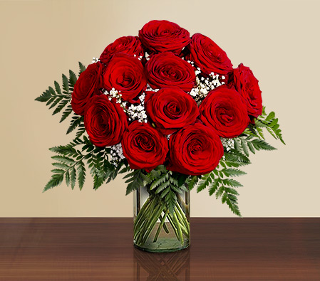 1 Dozen Red Roses In Vase-Red,Rose,Arrangement