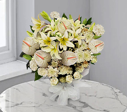 Beautifully White-White,Lily,Chrysanthemum,Carnation,Anthuriums,Mixed Flower,Bouquet