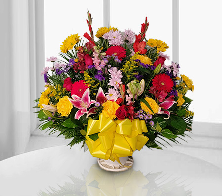 Joyful Day - Seasonal Flowers Bouquet-Mixed,Orange,Pink,Red,White,Yellow,Carnation,Gerbera,Lily,Mixed Flower,Bouquet
