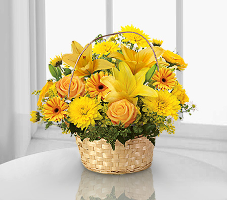 Lazurnaya Blooms-Yellow,Carnation,Chrysanthemum,Gerbera,Lily,Mixed Flower,Rose,Arrangement,Basket