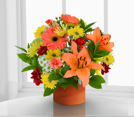 Blossom Arrangement-Mixed,Orange,Red,Yellow,Carnation,Daisy,Lily,Mixed Flower,Bouquet