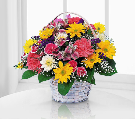 Simple Satisfaction-Mixed,Pink,Yellow,Alstroemeria,Carnation,Chrysanthemum,Mixed Flower,Basket