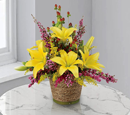 Delightful Sunshine - Yellow Lilies-Pink,Yellow,Lily,Mixed Flower,Arrangement