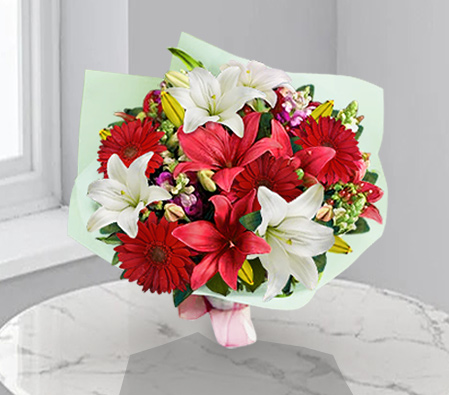 Bountiful Impressions-Red,White,Daisy,Gerbera,Lily,Mixed Flower,Bouquet