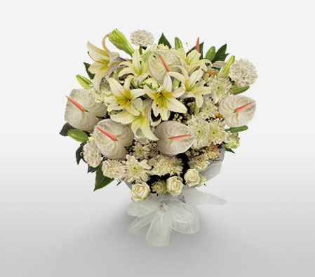Blushing Ivory-White,Anthuriums,Carnation,Chrysanthemum,Lily,Mixed Flower,Bouquet