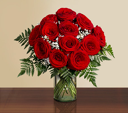 Love Medley - Dozen Roses in Vase-Red,Rose,Arrangement