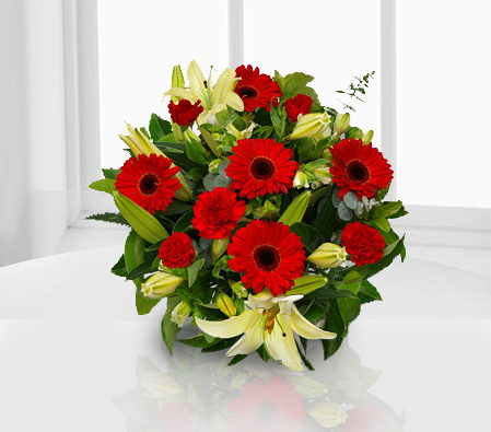 Many Blossoms-Red,White,Carnation,Gerbera,Lily,Mixed Flower,Bouquet