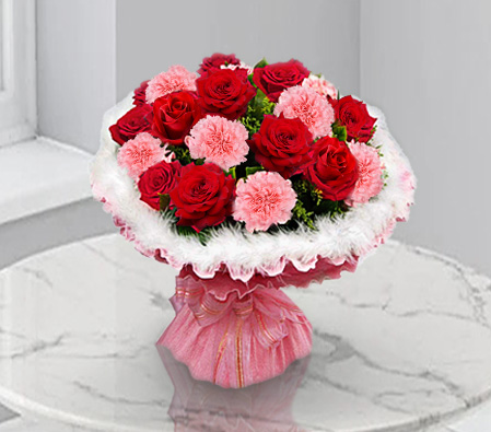 Glowing Bride - Roses & Carnations-Mixed,Pink,Red,Carnation,Mixed Flower,Rose,Bouquet