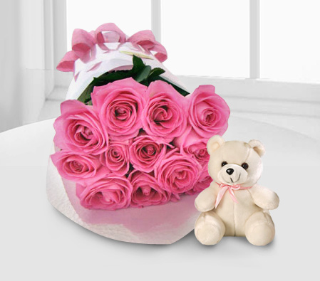 Dreamy Fantasy - 12 Roses + Teddy-Pink,Rose,Teddy Bear,Bouquet
