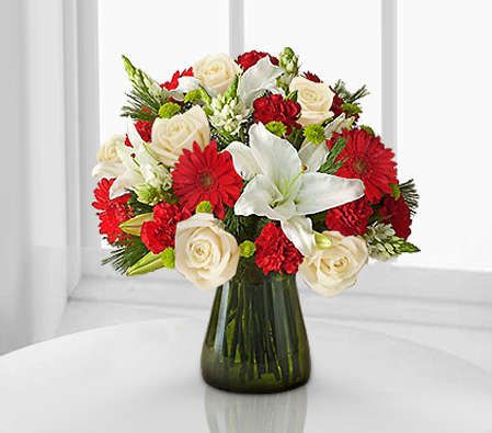 Lovely Touch-Red,White,Gerbera,Lily,Mixed Flower,Rose,Arrangement