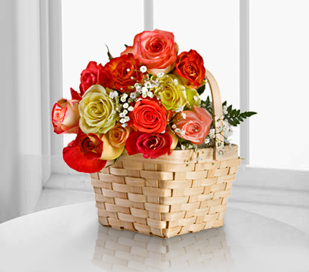 Champagne Radiance-Mixed,Pink,Red,Yellow,Rose,Arrangement,Basket