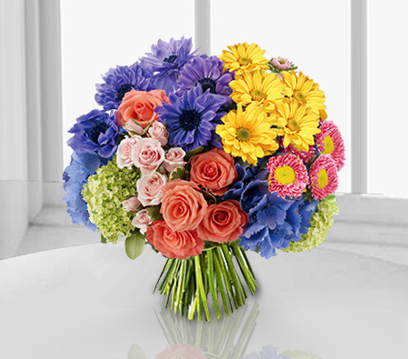 Paint My Love-Blue,Mixed,Orange,Purple,Yellow,Daisy,Gerbera,Hydrangea,Mixed Flower,Rose,Bouquet