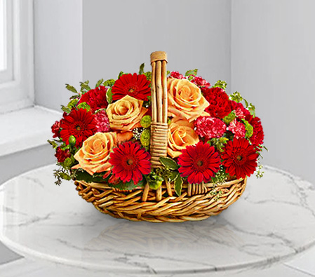 Glowing Sunset-Mixed,Orange,Red,Carnation,Gerbera,Mixed Flower,Rose,Arrangement,Basket