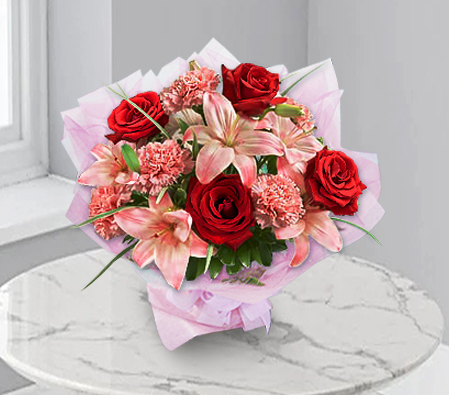 Admirable - Mixed Flowers Bouquet-Mixed,Pink,Red,Carnation,Lily,Mixed Flower,Rose,Bouquet