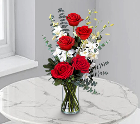 Blooming Halcyon - 5 Red Roses-Red,White,Orchid,Rose,Bouquet
