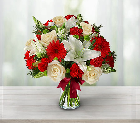 Regal Touch-Red,White,Carnation,Daisy,Gerbera,Lily,Rose,Arrangement